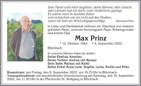 Traueranzeigen Von Max Prinz Allg Uer Zeitung