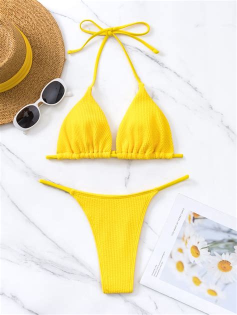 SHEIN Swim Vcay Conjunto de bikini texturizado Sujetador de triángulo