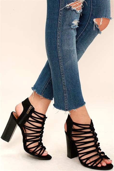 Cute Black Suede Heels Vegan Suede Heels Caged Heels Block Heels