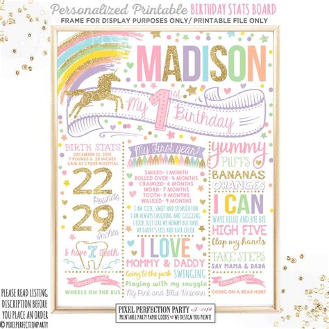 Unicorn Birthday Poster Unicorn 1st Birthday Milestone Poster Rainbow