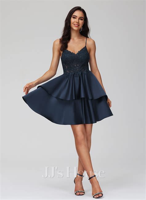 A Line V Neck Short Mini Lace Satin Homecoming Dress 022274633 Jjs