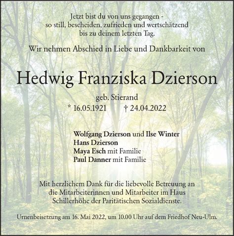 Traueranzeigen von Hedwig Franziska Dzierson Südwest Presse Trauer