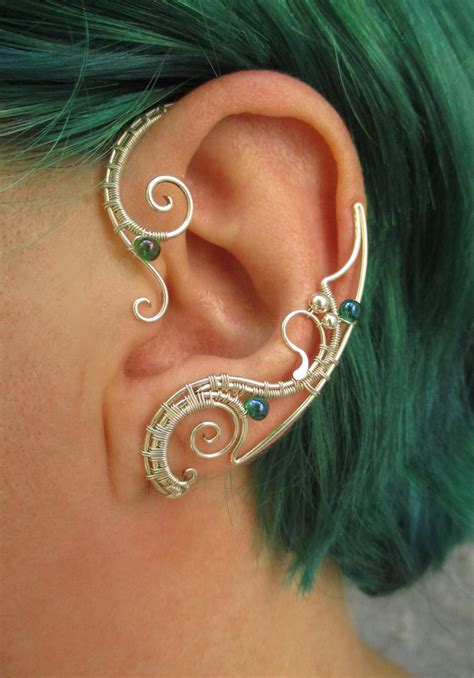 Ear Wraps Nemetres Silver Ear Cuffs With Green Beads Single Ear Cuff