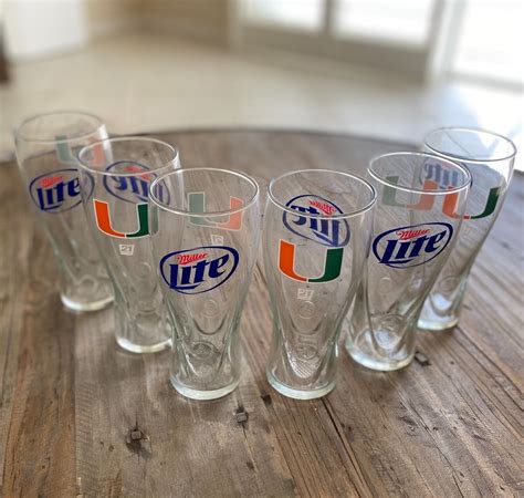 Set Of 6 Miami Hurricanes Miller Lite Beer Glasses Ebay