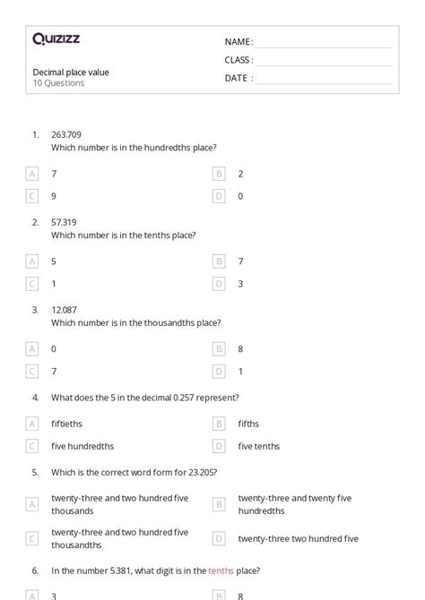 50+ Decimal Place Value worksheets for 2nd Class on Quizizz | Free & Printable