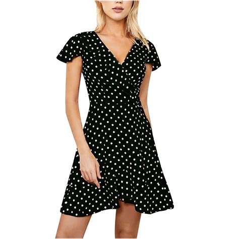 VSSSJ Women Ruffle V Neck Summer Polka Dot Print Flutter Short Sleeve