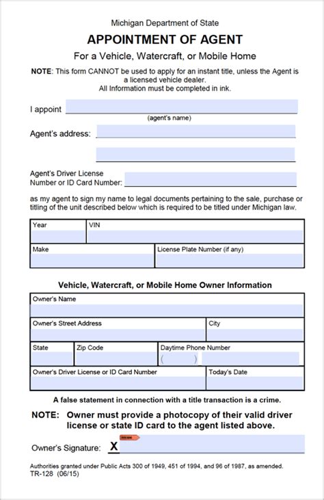 Free Michigan Motor Vehicle Power Of Attorney Form TR 128 PDF