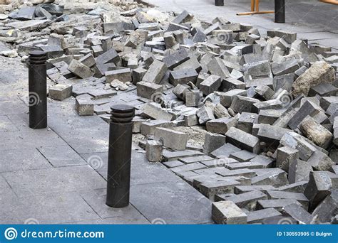 Construction Works Renewal Of Pavement Bricks And Paving Slabs Stock