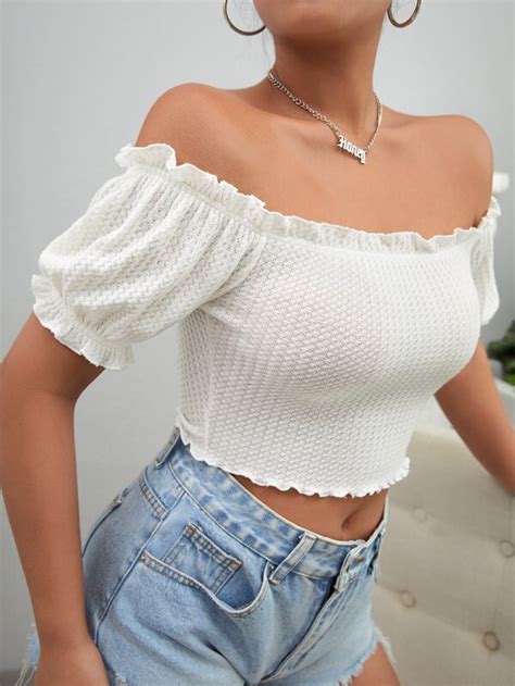 SHEIN WYWH Off Shoulder Frill Trim Crop Tee SHEIN USA