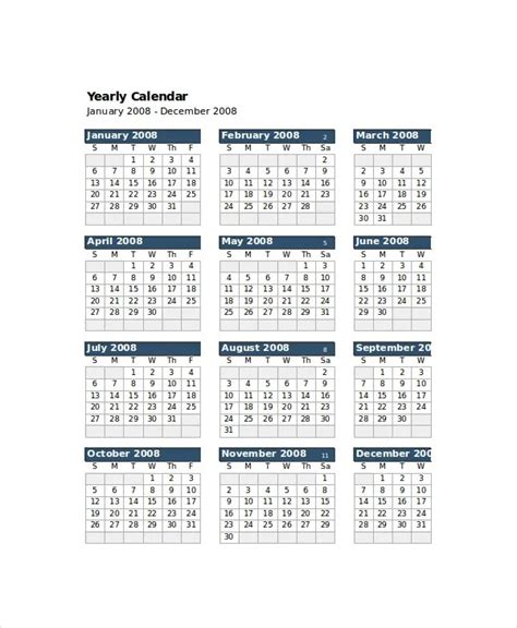 Excel Year Calendar Template - Printable Word Searches