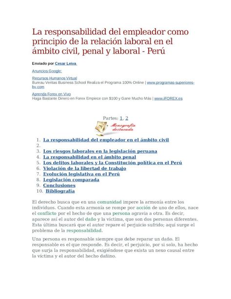 Docx La Responsabilidad Del Empleador Como Principio De La Relaci N