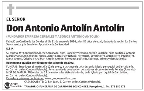 Esquela de Don Antonio Antolín Antolín Fallecimiento Esquela en El