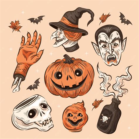 Premium Vector Hand Drawn Halloween Vintage Elements Collection