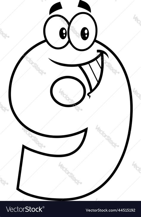 Outlined Funny Number Nine 9 Cartoon Character Vector Image