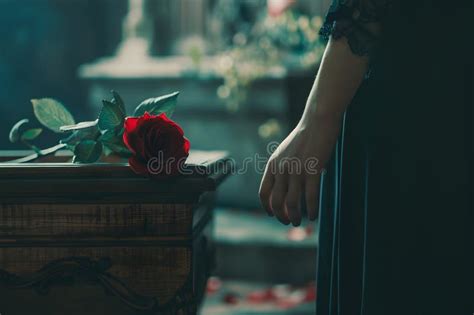 Woman In Black Dress Holding Red Rose While Standing By Coffin With