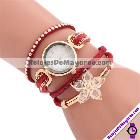 Reloj Pulsera Flor De Cristal Rojo Extensible Piel Sint Tica Aperlado