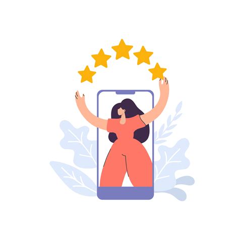 Woman From Smartphone Give Feedback Rating Stars Vector Flat People