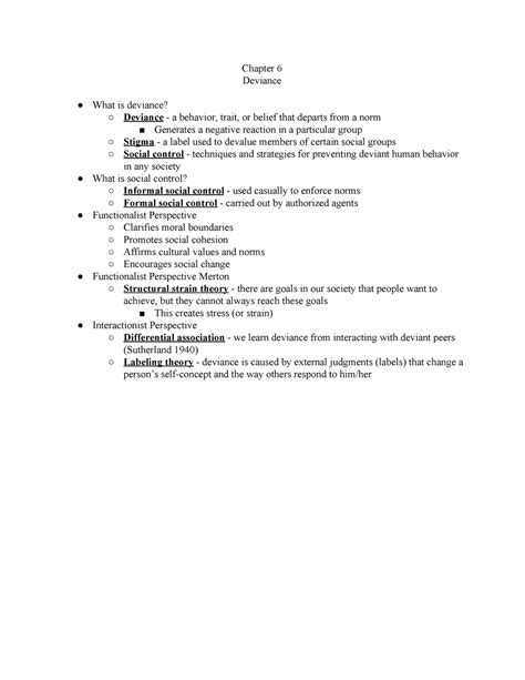 Sociology Ch 6 Notes Chapter 6 Deviance What Is Deviance Deviance A Behavior Trait Or