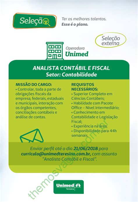 Emprego Para Analista Cont Bil E Fiscal Na Unimed Em Teresina Pi