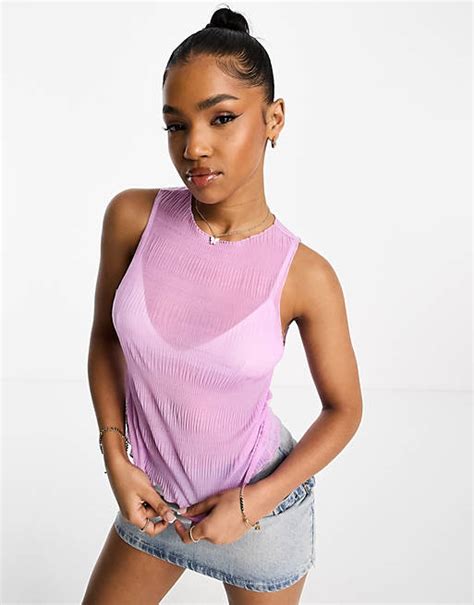 Asos Design Shirred Mesh Sleeveless Tank Top In Lilac Asos