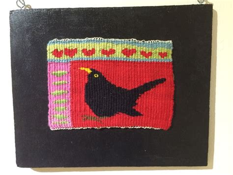 Miniature Tapestry Blackbird On Red Handwoven Tapestry Tapestry