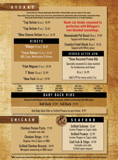 Menu Billygans Roadhouse