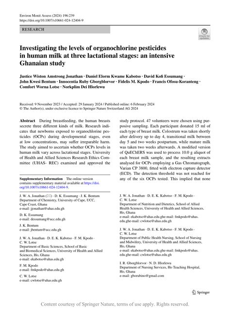 Investigating The Levels Of Organochlorine Pesticides In Human Milk At