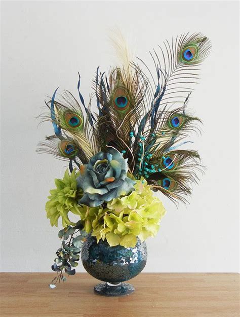 Blue Peacock Feather Floral Arrangement With Lime By Rachelsheart 8500 Peacock Wall Art