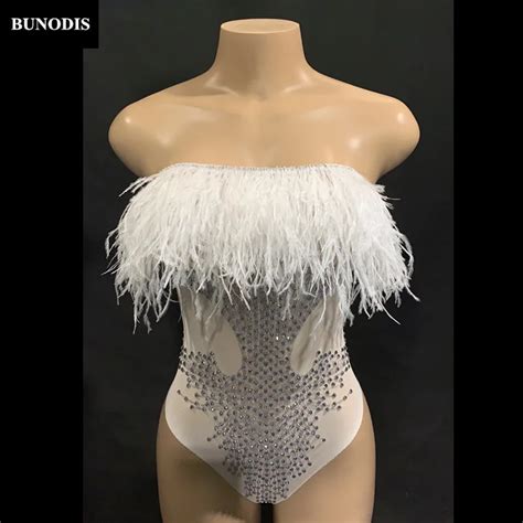 Zd460 Women Sexy Net Yarn White Tassel Bodysuit Sparkling Crystals Jumpsuit Nightclub Party