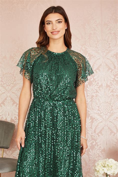 Yumi Green Sequin Angel Sleeve Midi Dress Yumi