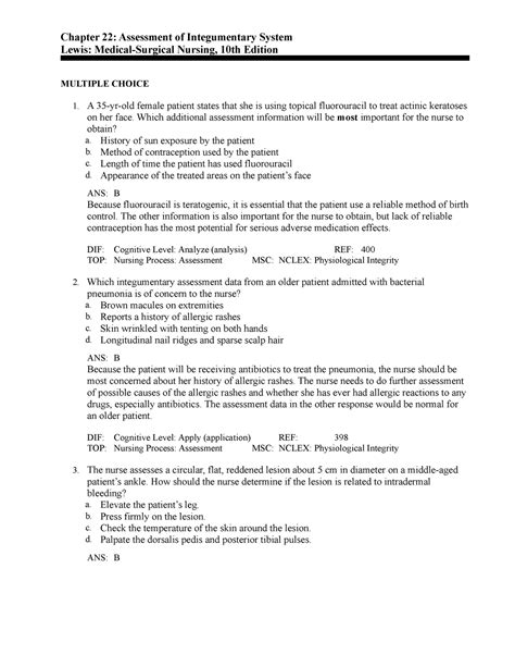 C22 Practice Questions Chapter 22 Assessment Of Integumentary