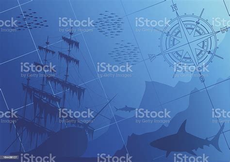 Underwater Background With Sharks Old Ship And Compass Rose向量圖形及更多海盜圖片