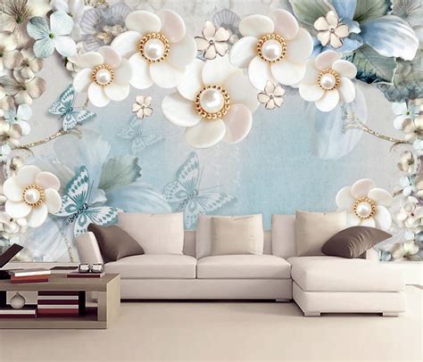 White Florals With Blue Flowers And Butterflies 3d 5d 8d Wall Murals Custom Wallpaper