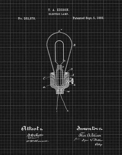 1882 Thomas Edison Patent Print Edison Electric Light Bulb Poster