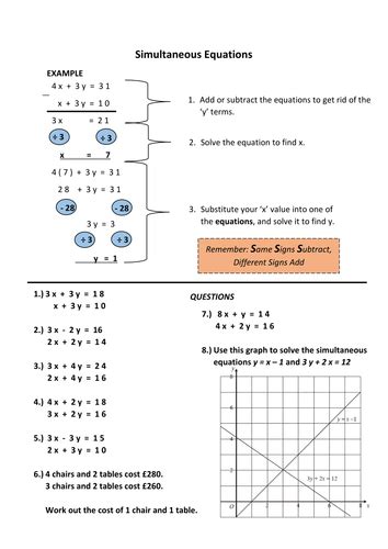 Simultaneous Equations Worksheet Basic Teaching Resources