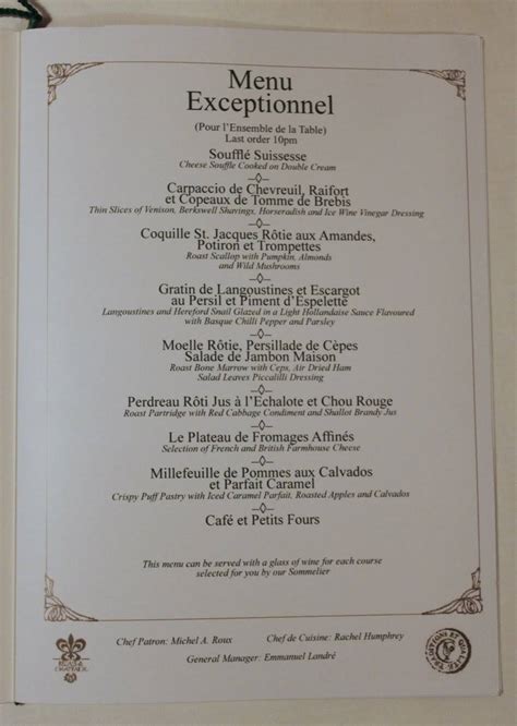 Menu at Le Gavroche restaurant, London