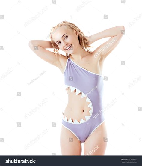 Beautiful Slim Model Gray Swimsuit Nude Stock Photo