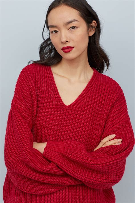 V Neck Sweater Red Ladies Handm Us Vneck Sweater Ribbed Knit