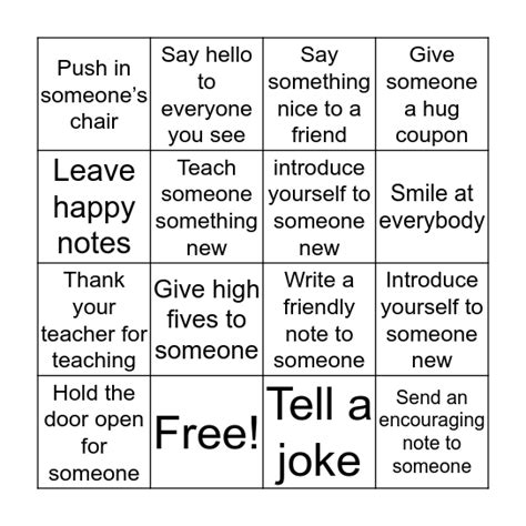 Random Act Of Kindness Bingo Card