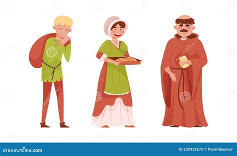 Medieval People Set Peasants And Bishop European Middle Ages