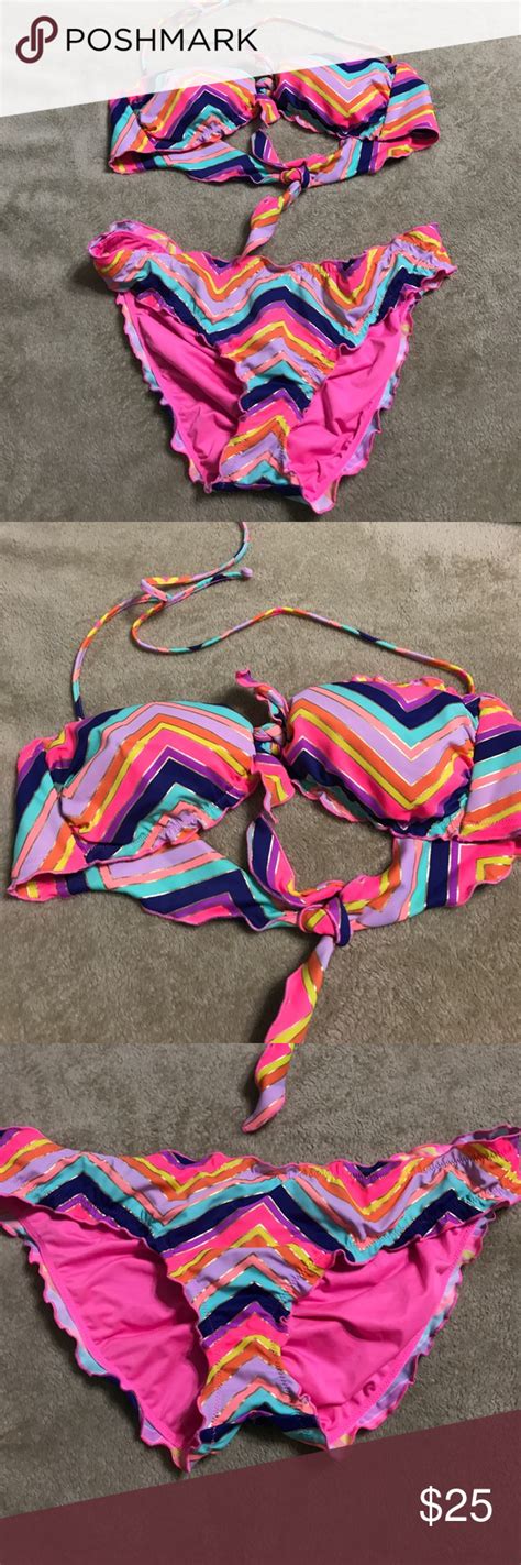 Victorias Secret Bikini Multi Colored Stripe Tie Back And Neck With