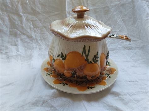 Vintage 1980s Arnels Ceramic Mushroom Tureen With Ladle And Underplate