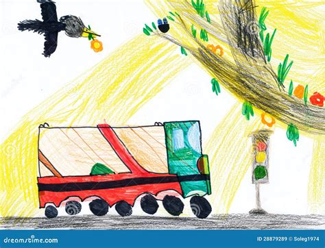 Bus Driving on a Road. Child Drawing Stock Illustration - Illustration ...