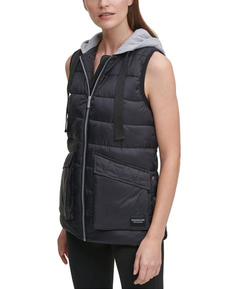 Calvin Klein Performance Cargo Pocket Hooded Puffer Vest In Black Lyst