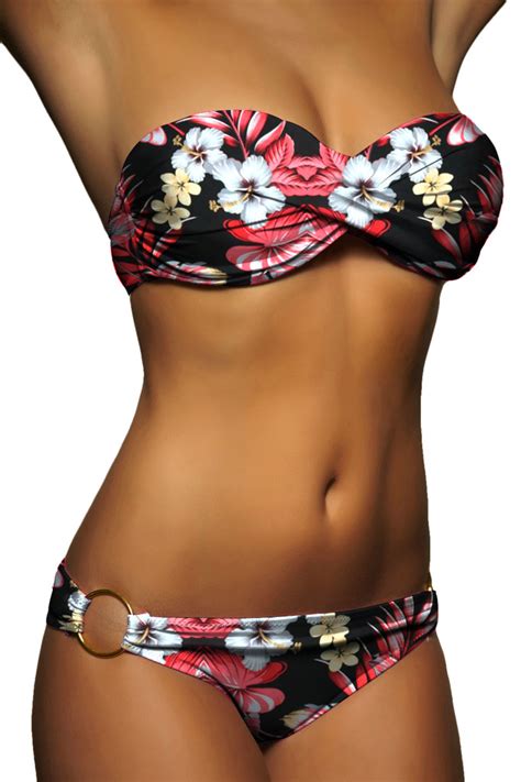 Twist Push Up Bandeau Bikini Set Schwarz Rot Blumen 043 ALZORA