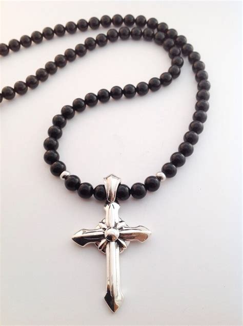 Mens Black Onyx Cross Necklace Onyx Necklace Beaded