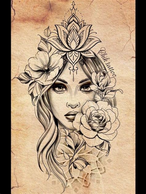 Dessin Féminin Et Fleuri Pour Tatouage De Chik Tattoo Téléchargement Instantané De Stencil