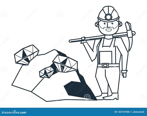 Mining And Worker Cartoon Black And White Stock Vector Illustration