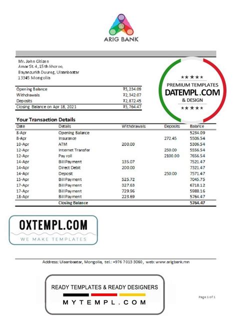 Mongolia Arig Bank Statement Easy To Fill Template In Xls And Pdf