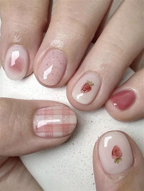 Conjunto De 24 Unhas Postiças Quadradas Curtas Estilo Fofo Morango